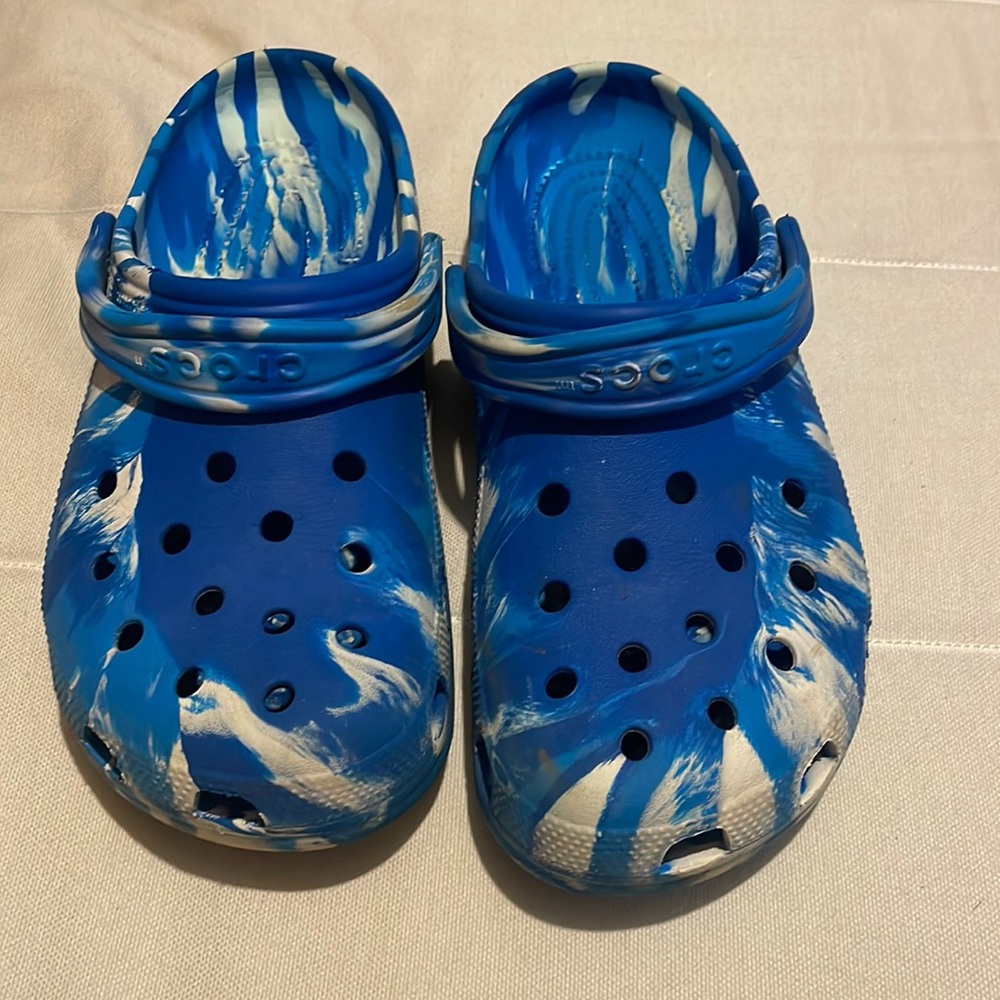 Blue and white crocs
